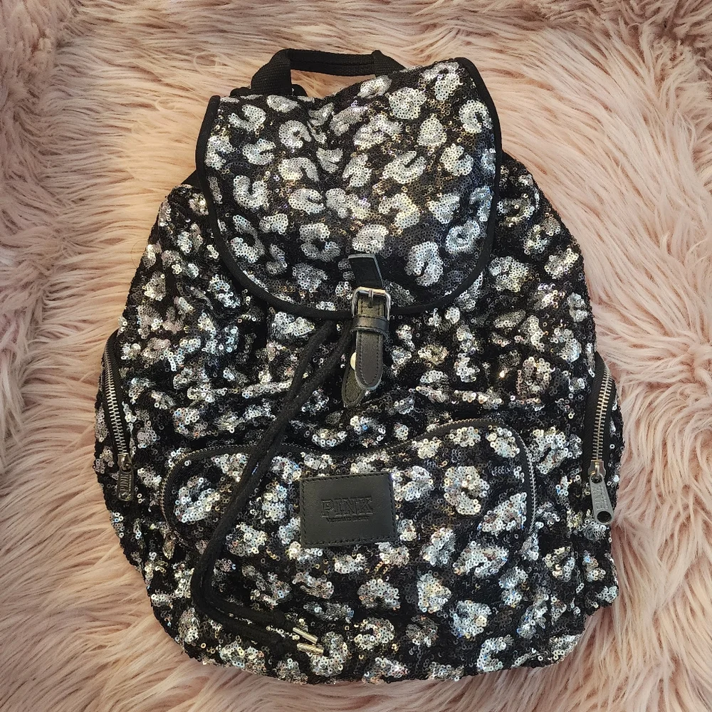Victoria's Secret PINK sequin leopard backpack drawstring 2013
